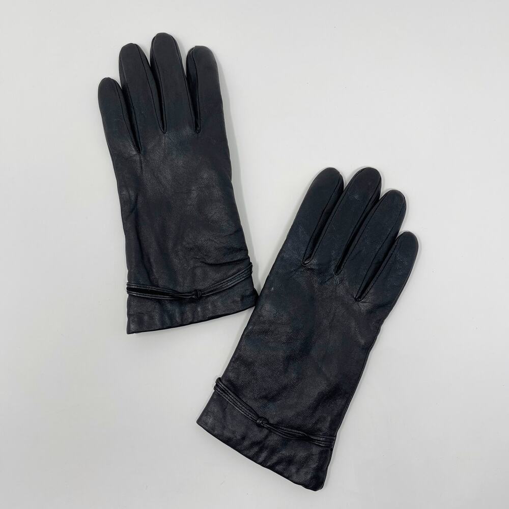 Isotoner Womens Leather Gloves Black Tie Knot